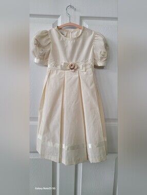 Vintage Bonnie Jean Cream Satin Dress with Floral Trim